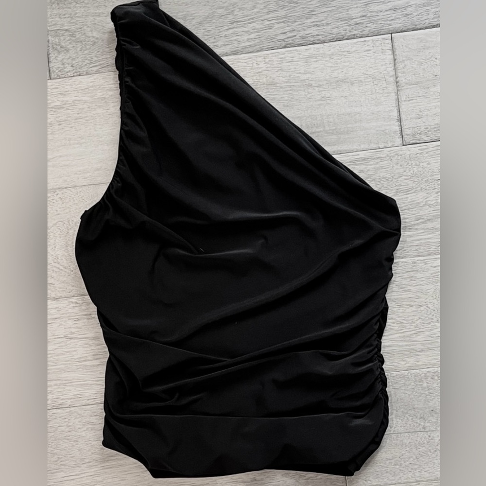 Evereve‎ Black One Shoulder Top XL Classy Casual Side Ruching Stretchy Lined